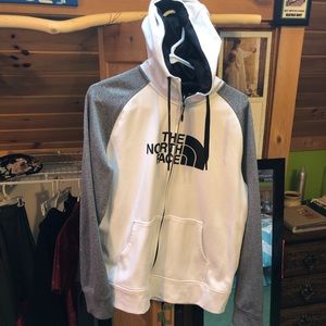 Women’s white/grey zip-up hoodie sweatshirt.
